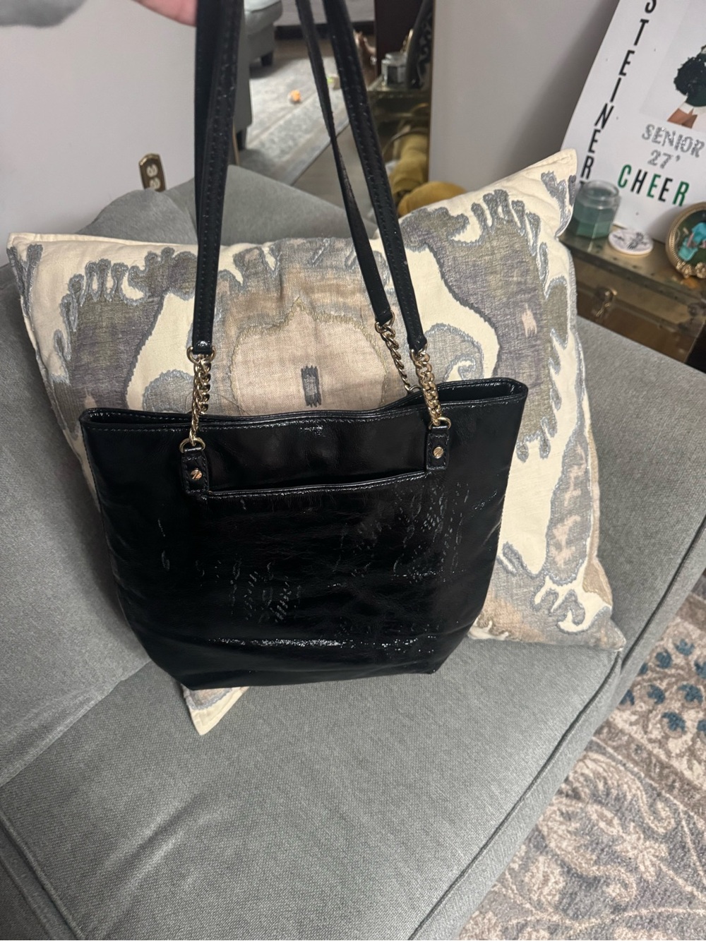 Michael Kors Black Patent Leather Tote Bag/Purse with Gold Chain Straps